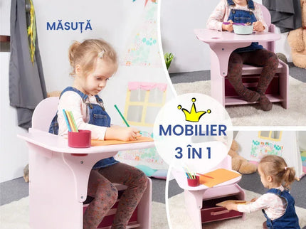 Set Masuta Cu Scaun Incorporat pentru Copii, 3 In 1, Din Lemn Mdf, Varsta 3-6 ani Roz - Bebeboo - Totul pentru copii. Jucării, Hăinuțe, Perne, Mobilier, Textile