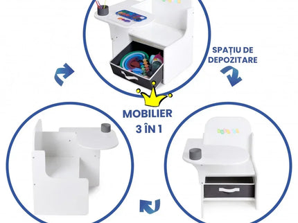 Set Masuta Cu Scaun Incorporat pentru Copii, 3 In 1 din Lemn Mdf, Varsta 3-6 ani Alb si Gri - Bebeboo - Totul pentru copii. Jucării, Hăinuțe, Perne, Mobilier, Textile