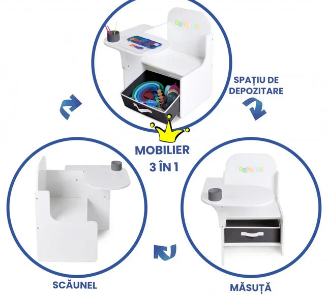 Set Masuta Cu Scaun Incorporat pentru Copii, 3 In 1 din Lemn Mdf, Varsta 3-6 ani Alb si Gri - Bebeboo - Totul pentru copii. Jucării, Hăinuțe, Perne, Mobilier, Textile