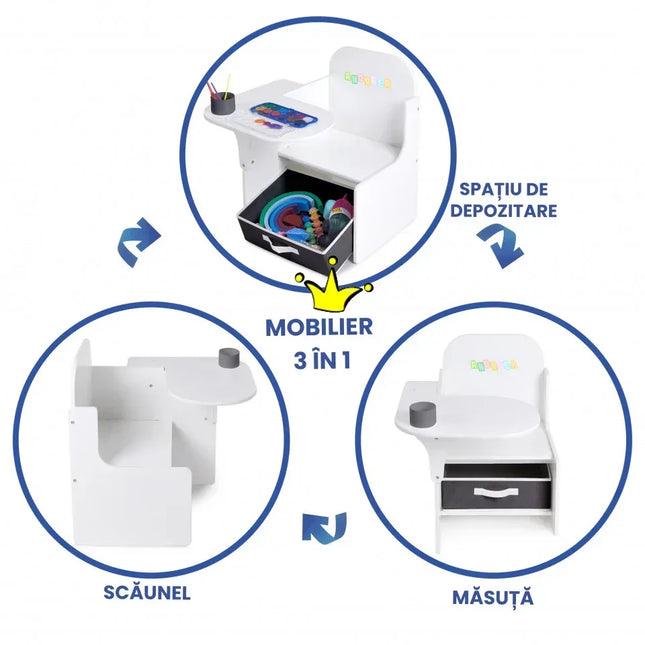 Set Masuta Cu Scaun Incorporat pentru Copii, 3 In 1 din Lemn Mdf, Varsta 3-6 ani Alb si Gri - Bebeboo - Totul pentru copii. Jucării, Hăinuțe, Perne, Mobilier, Textile
