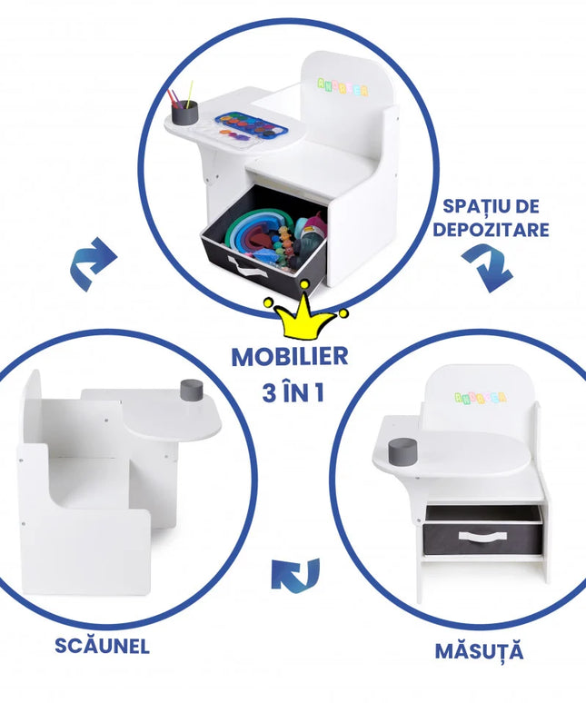 Set Masuta Cu Scaun Incorporat pentru Copii, 3 In 1 din Lemn Mdf, Varsta 3-6 ani Alb si Gri
