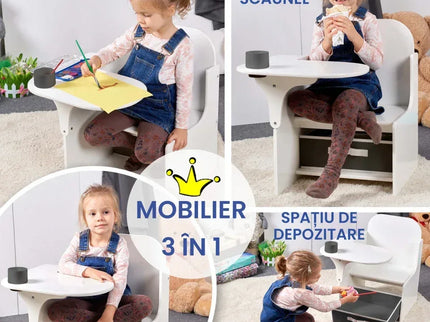 Set Masuta Cu Scaun Incorporat pentru Copii, 3 In 1 din Lemn Mdf, Varsta 3-6 ani Alb si Gri - Bebeboo - Totul pentru copii. Jucării, Hăinuțe, Perne, Mobilier, Textile