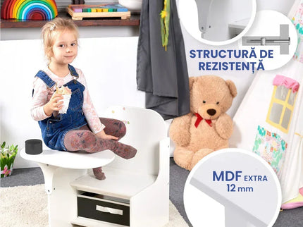 Set Masuta Cu Scaun Incorporat pentru Copii, 3 In 1 din Lemn Mdf, Varsta 3-6 ani Alb si Gri - Bebeboo - Totul pentru copii. Jucării, Hăinuțe, Perne, Mobilier, Textile