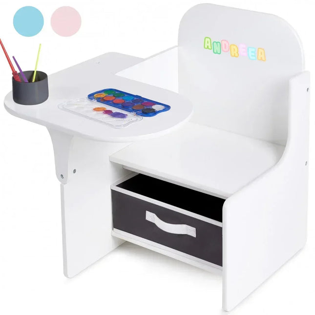 Set Masuta Cu Scaun Incorporat pentru Copii, 3 In 1 din Lemn Mdf, Varsta 3-6 ani Alb si Gri - Bebeboo - Totul pentru copii. Jucării, Hăinuțe, Perne, Mobilier, Textile