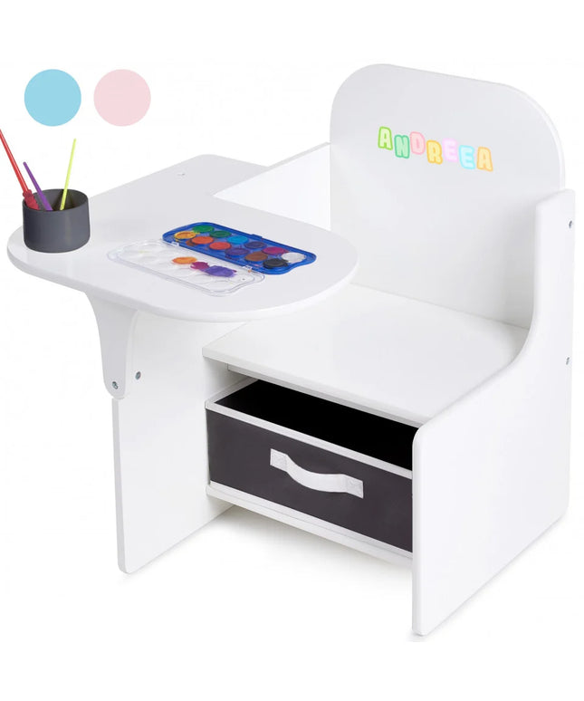 Set Masuta Cu Scaun Incorporat pentru Copii, 3 In 1 din Lemn Mdf, Varsta 3-6 ani Alb si Gri