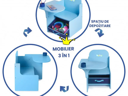 Set Masuta Cu Scaun Incorporat pentru Copii 3 In 1, Din Lemn Mdf, Varsta 3-6 ani Albastru - Bebeboo - Totul pentru copii. Jucării, Hăinuțe, Perne, Mobilier, Textile