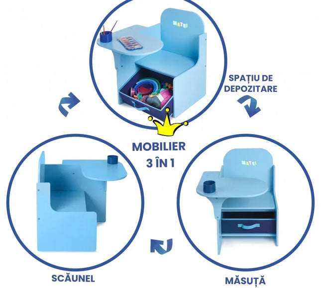 Set Masuta Cu Scaun Incorporat pentru Copii 3 In 1, Din Lemn Mdf, Varsta 3-6 ani Albastru - Bebeboo - Totul pentru copii. Jucării, Hăinuțe, Perne, Mobilier, Textile