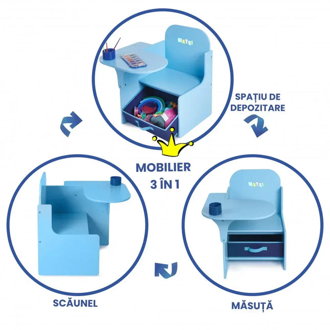 Set Masuta Cu Scaun Incorporat pentru Copii 3 In 1, Din Lemn Mdf, Varsta 3-6 ani Albastru - Bebeboo - Totul pentru copii. Jucării, Hăinuțe, Perne, Mobilier, Textile
