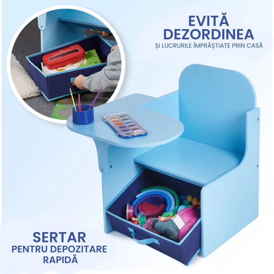 Set Masuta Cu Scaun Incorporat pentru Copii 3 In 1, Din Lemn Mdf, Varsta 3-6 ani Albastru