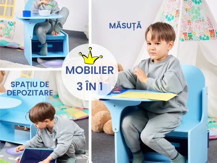 Set Masuta Cu Scaun Incorporat pentru Copii 3 In 1, Din Lemn Mdf, Varsta 3-6 ani Albastru - Bebeboo - Totul pentru copii. Jucării, Hăinuțe, Perne, Mobilier, Textile