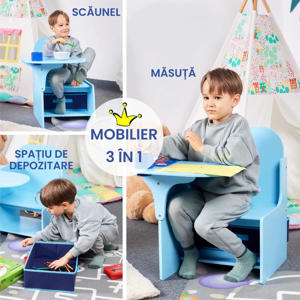 Set Masuta Cu Scaun Incorporat pentru Copii 3 In 1, Din Lemn Mdf, Varsta 3-6 ani Albastru