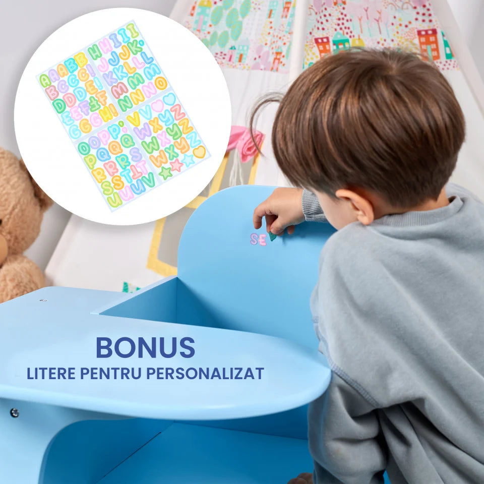 Set Masuta Cu Scaun Incorporat pentru Copii 3 In 1, Din Lemn Mdf, Varsta 3-6 ani Albastru