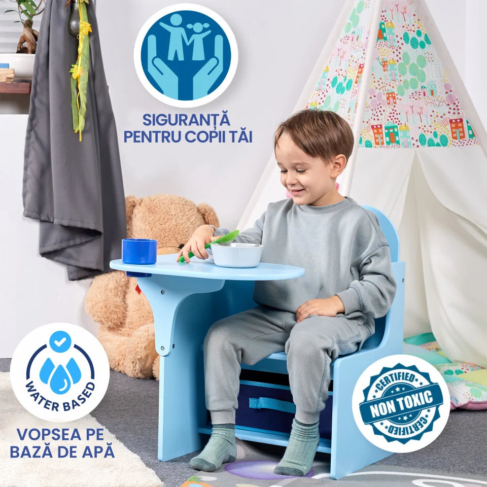 Set Masuta Cu Scaun Incorporat pentru Copii 3 In 1, Din Lemn Mdf, Varsta 3-6 ani Albastru