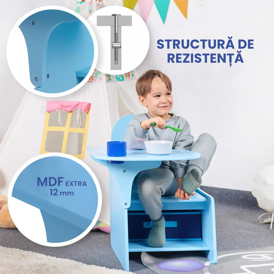 Set Masuta Cu Scaun Incorporat pentru Copii 3 In 1, Din Lemn Mdf, Varsta 3-6 ani Albastru