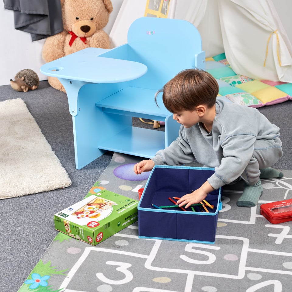 Set Masuta Cu Scaun Incorporat pentru Copii 3 In 1, Din Lemn Mdf, Varsta 3-6 ani Albastru
