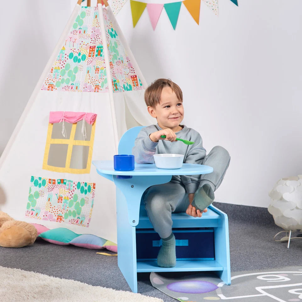 Set Masuta Cu Scaun Incorporat pentru Copii 3 In 1, Din Lemn Mdf, Varsta 3-6 ani Albastru
