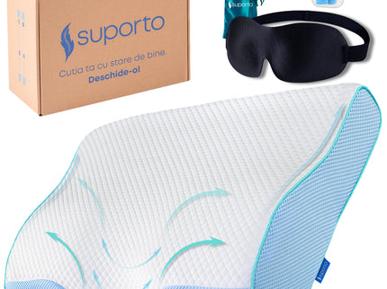 Set Perna Cervicala Suporto Aura Anatomica si Ortopedica Albastra + Masca de dormit 3D cu saculet Verde Smarald, pachet pentru ochi obositi si un somn confortabil