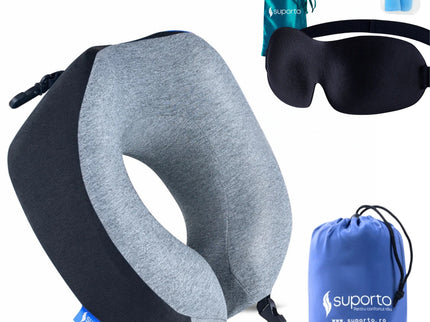 Set Perna de calatorie Suporto Travel Companion. Perna voiaj din spuma cu memorie, Neagra + Masca de dormit Suporto 3D cu saculet Verde Smarald, pachet pentru ochi obositi si un somn odihnitor.