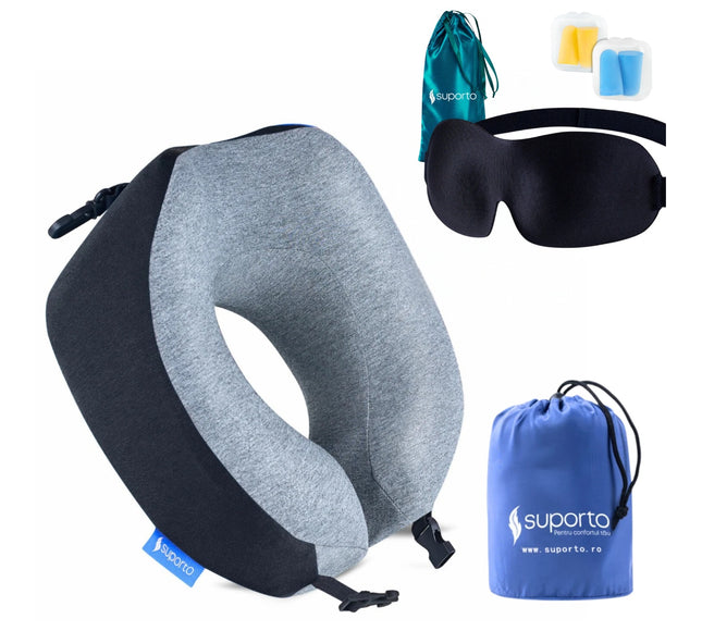 Set Perna de calatorie Suporto Travel Companion. Perna voiaj din spuma cu memorie, Neagra + Masca de dormit Suporto 3D cu saculet Verde Smarald, pachet pentru ochi obositi si un somn odihnitor.
