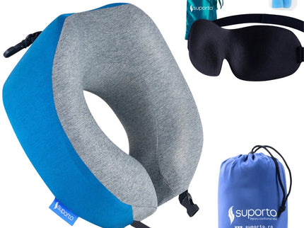 Set Perna de calatorie Suporto Travel Companion. Perna voiaj din spuma cu memorie, Albastra + Masca de dormit Suporto 3D cu saculet Verde Smarald, pachet pentru ochi obositi si un somn odihnitor.