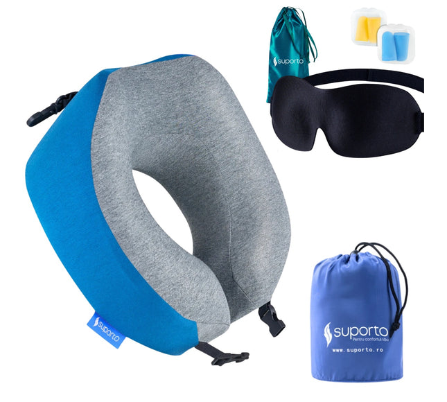 Set Perna de calatorie Suporto Travel Companion. Perna voiaj din spuma cu memorie, Albastra + Masca de dormit Suporto 3D cu saculet Verde Smarald, pachet pentru ochi obositi si un somn odihnitor.