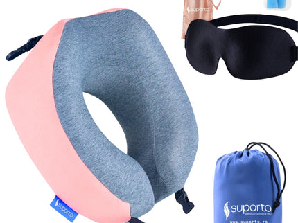Set Perna de calatorie Suporto Travel Companion. Perna voiaj din spuma cu memorie, Roz + Masca de dormit Suporto 3D cu saculet Roz Peach, Pachet pentru ochi obositi si un somn odihnitor
