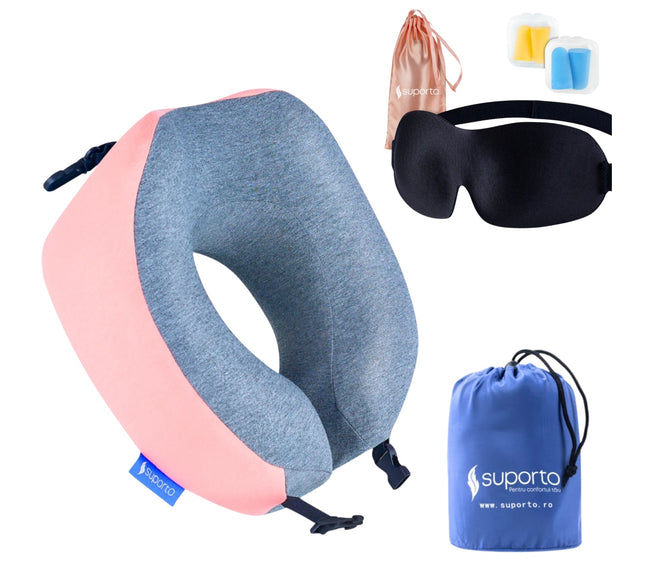 Set Perna de calatorie Suporto Travel Companion. Perna voiaj din spuma cu memorie, Roz + Masca de dormit Suporto 3D cu saculet Roz Peach, Pachet pentru ochi obositi si un somn odihnitor