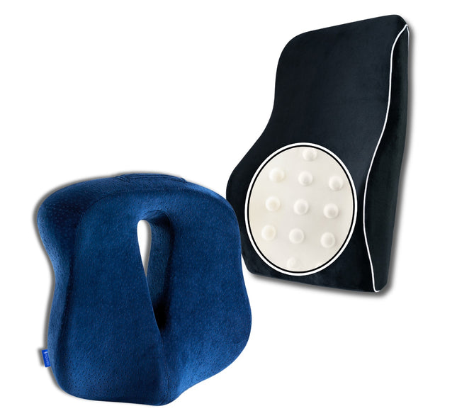 Set Perna de Sezut Coccis suport si Perna Lombara Completa, Suporto Confort Complet, Pentru scaun de birou sau Autovehicule Mari, Negru / Albastru