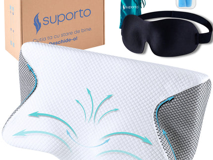 Set Perna Ortopedica Cervicala pentru dormit cu Extensii Negre + Masca de dormit Suporto 3D cu saculet Verde Smarald, pachet pentru ochi obositi si un somn odihnitor.