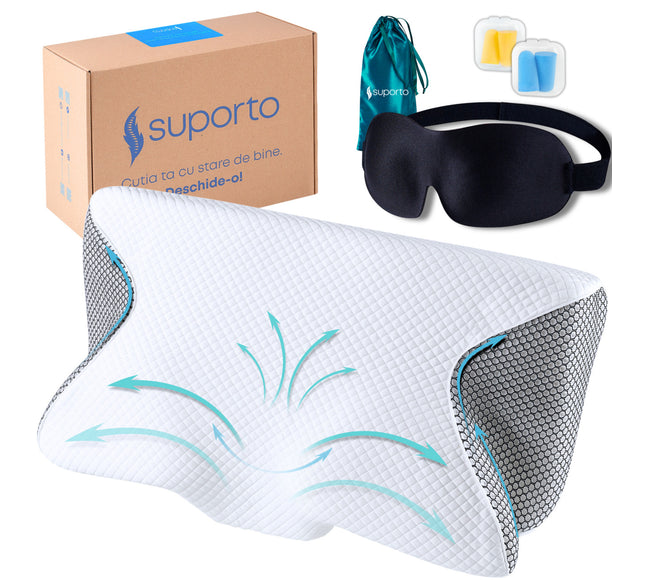Set Perna Ortopedica Cervicala pentru dormit cu Extensii Negre + Masca de dormit Suporto 3D cu saculet Verde Smarald, pachet pentru ochi obositi si un somn odihnitor.