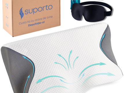 Set Perna Ortopedica Cervicala Suporto Wings pentru dormit cu Extensii Gri + Masca de dormit 3D cu saculet Verde Smarald, Ideale pentru ochi obositi si un somn odihnitor.