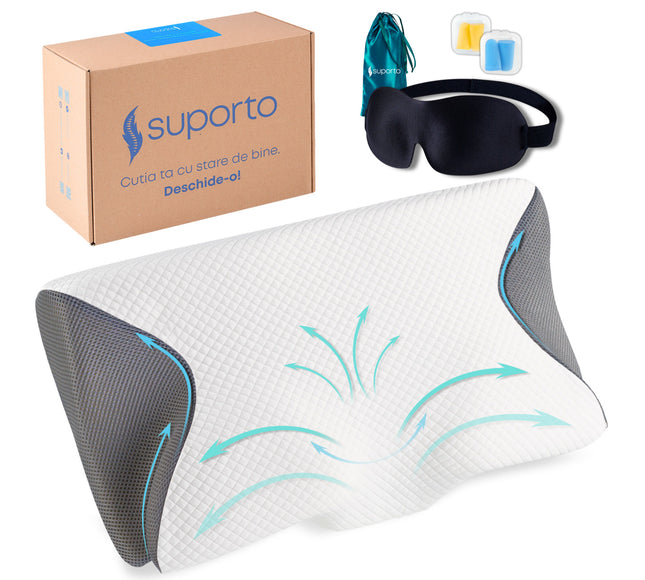 Set Perna Ortopedica Cervicala Suporto Wings pentru dormit cu Extensii Gri + Masca de dormit 3D cu saculet Verde Smarald, Ideale pentru ochi obositi si un somn odihnitor.