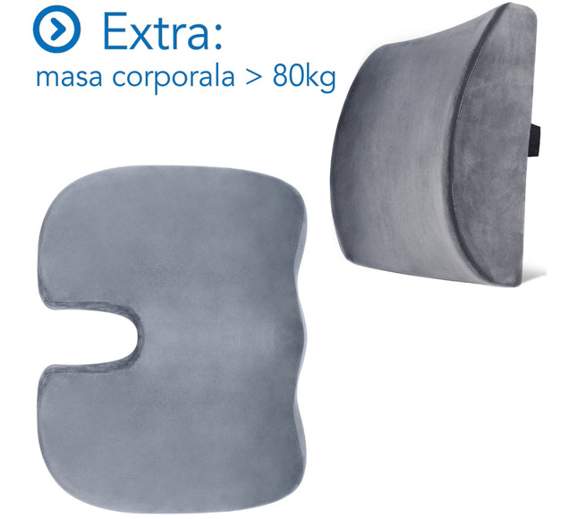 Set Perne Ortopedice Fermitate Extra - Pentru masa corporala peste 80 KG | Perna lombara si Perna sezut Suporto®️ Coccis din spuma cu memorie| Culoare Gri