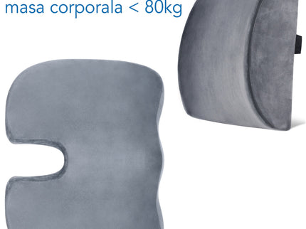 Set Perne Ortopedice Fermitate Regular - Pentru masa corporala sub 80 KG | Perna lombara si Perna sezut Suporto®️ Coccis din spuma cu memorie| Culoare Gri