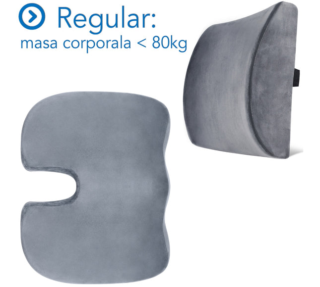 Set Perne Ortopedice Fermitate Regular - Pentru masa corporala sub 80 KG | Perna lombara si Perna sezut Suporto®️ Coccis din spuma cu memorie| Culoare Gri