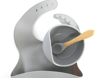 Set diversificare bebelusi (baveta, bol și linguriță) – Light Gray, 6 luni+, silicon