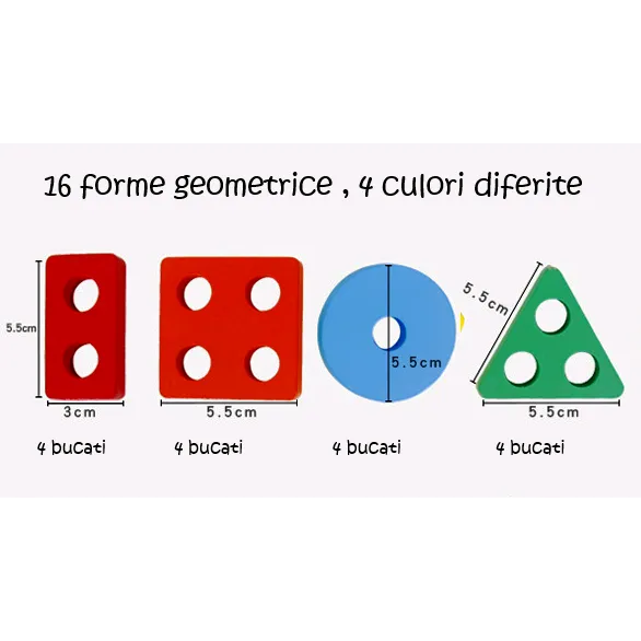 Sortator Geometric Montessori – 16 Forme din Lemn, 4 Culori