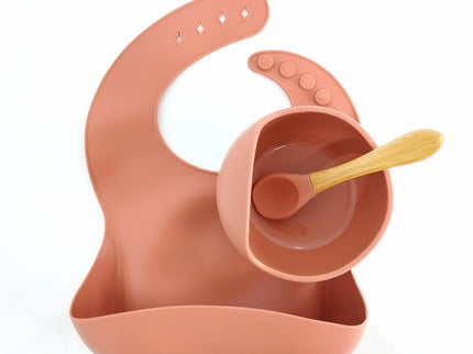 Set diversificare bebelusi (baveta, bol și linguriță) – Terracotta, 6 luni+, silicon
