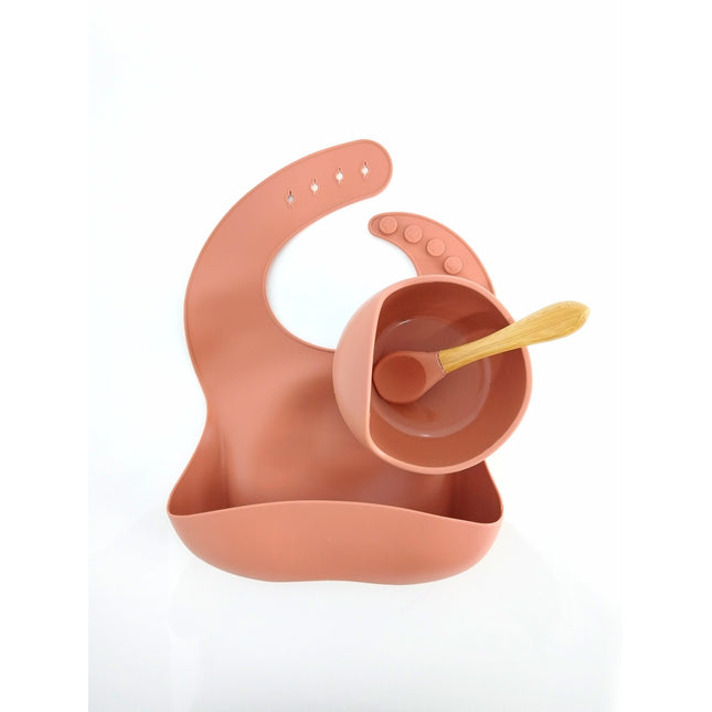 Set diversificare bebelusi (baveta, bol și linguriță) – Terracotta, 6 luni+, silicon