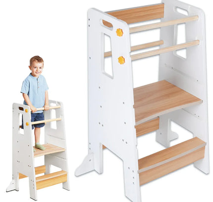 Turn de Invatare tip Learning tower pentru Copii Suporto, Rol de Inaltator cu Treapta de urcare reglabila antiderapanta si Balustrade de Protectie, Alb / Maro - Bebeboo - Totul pentru copii. Jucării, Hăinuțe, Perne, Mobilier, Textile