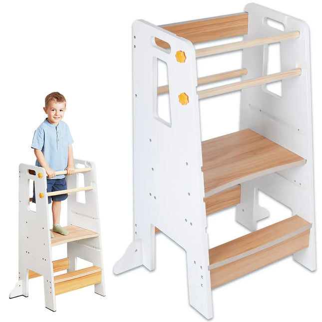 Turn de Invatare tip Learning tower pentru Copii Suporto, Rol de Inaltator cu Treapta de urcare reglabila antiderapanta si Balustrade de Protectie, Alb / Maro - Bebeboo - Totul pentru copii. Jucării, Hăinuțe, Perne, Mobilier, Textile
