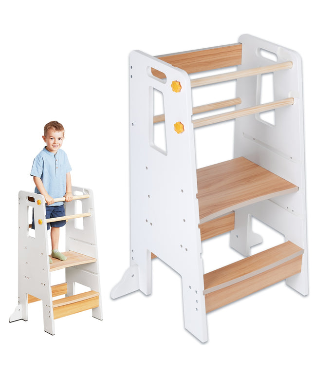 Turn de Invatare tip Learning tower pentru Copii Suporto, Rol de Inaltator cu Treapta de urcare reglabila antiderapanta si Balustrade de Protectie, Alb / Maro