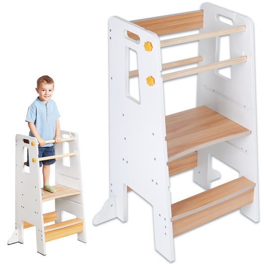 Turn de Invatare tip Learning tower pentru Copii Suporto, Rol de Inaltator cu Treapta de urcare reglabila antiderapanta si Balustrade de Protectie, Alb / Maro