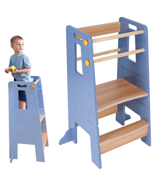 Turn de Invatare tip Learning tower pentru Copii Suporto, Rol de Inaltator cu Treapta de urcare reglabila antiderapanta si Balustrade de Protectie, Gri / Maro