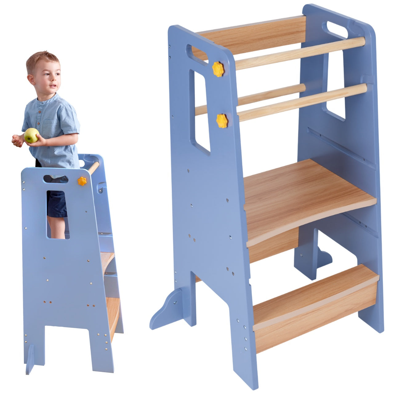 Turn de Invatare tip Learning tower pentru Copii Suporto, Rol de Inaltator cu Treapta de urcare reglabila antiderapanta si Balustrade de Protectie, Gri / Maro