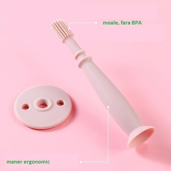 Periuță de dinți din silicon pentru bebeluși – Fără BPA, 360°, cu barieră anti-înghițire și mâner ergonomic