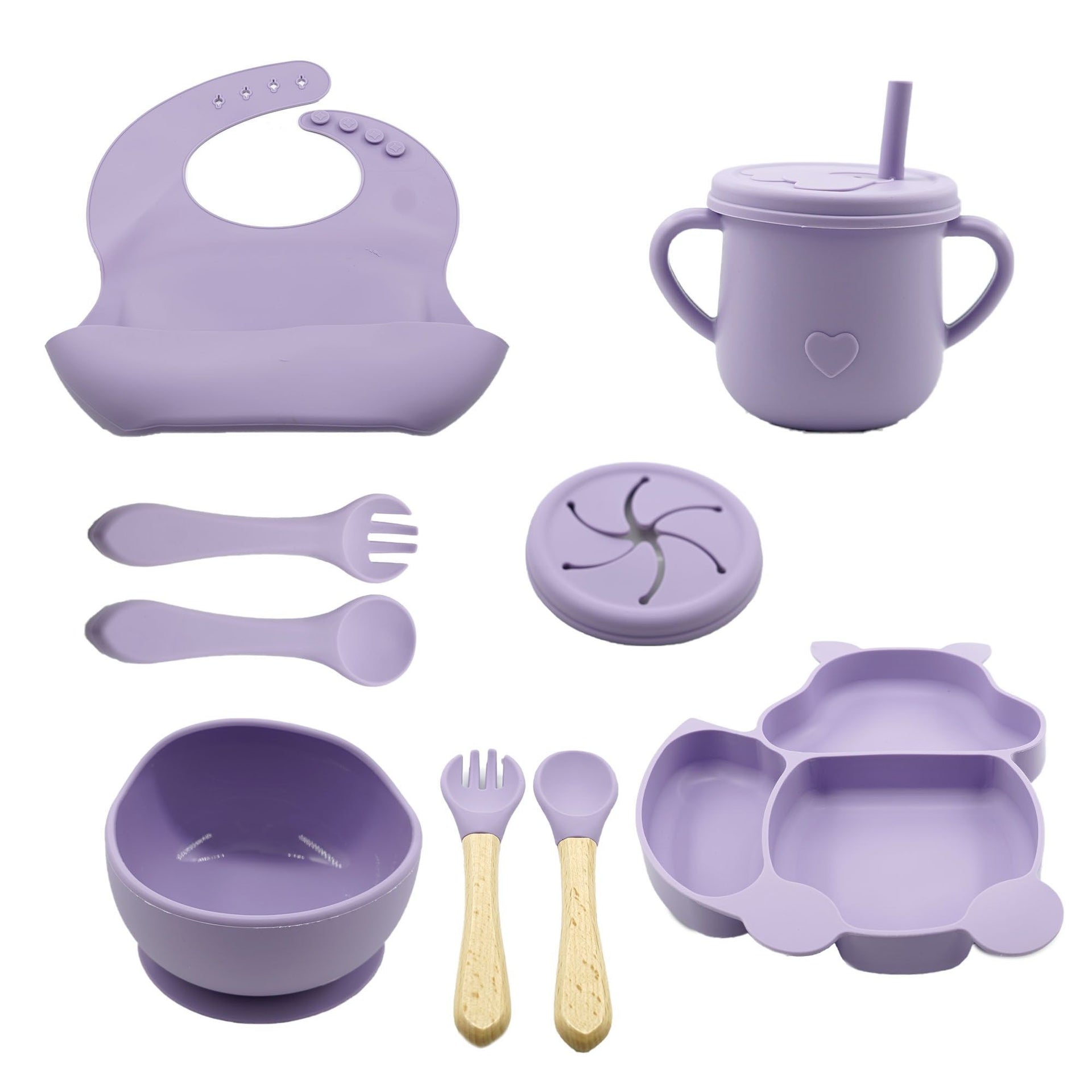 Set 10 piese diversificare bebeluși și copii din silicon – Bavetă, farfurie compartimentată, bol cu ventuză, tacâmuri, cană și capac pentru gustări