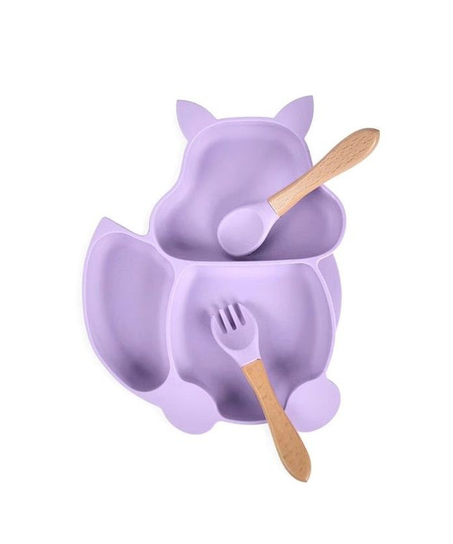 Set 10 piese diversificare bebeluși și copii din silicon – Bavetă, farfurie compartimentată, bol cu ventuză, tacâmuri, cană și capac pentru gustări