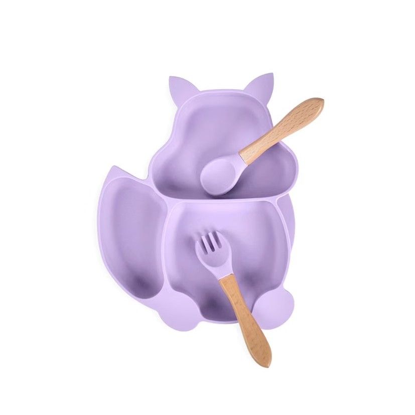 Set 10 piese diversificare bebeluși și copii din silicon – Bavetă, farfurie compartimentată, bol cu ventuză, tacâmuri, cană și capac pentru gustări