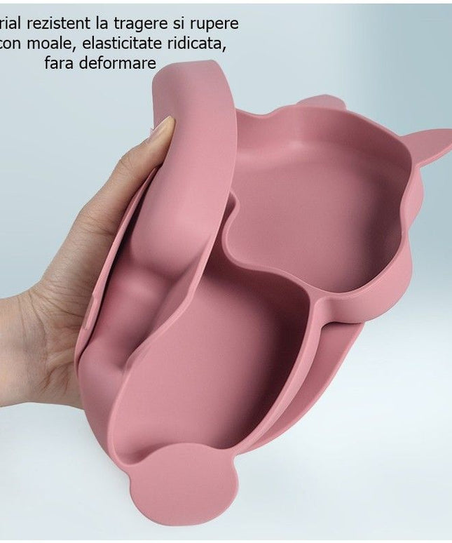 Set 10 piese diversificare bebeluși și copii din silicon – Bavetă, farfurie compartimentată, bol cu ventuză, tacâmuri, cană și capac pentru gustări